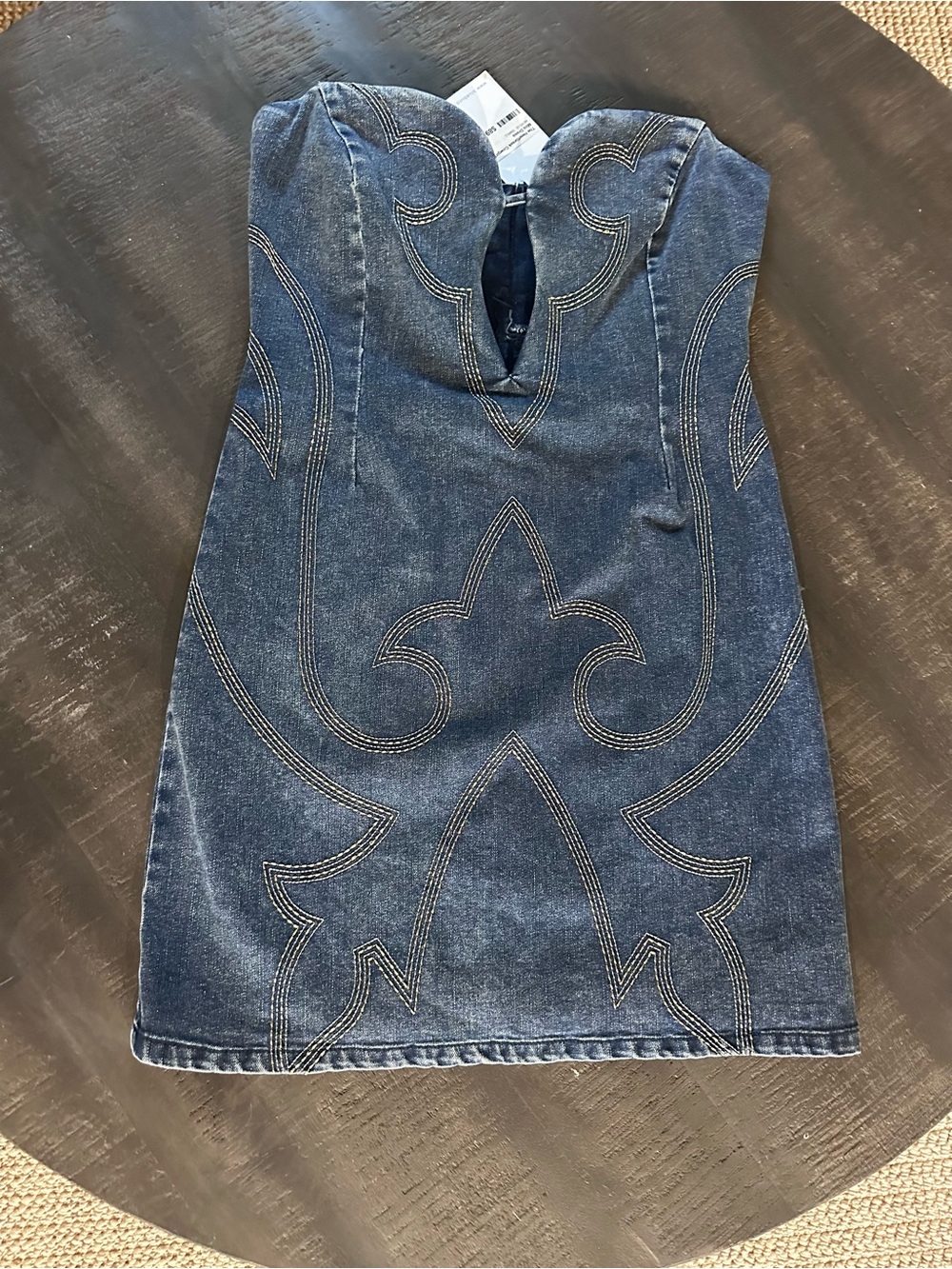 Anthropologie Strapless Denim Mini Dress in Blue with Decorative Topstitching